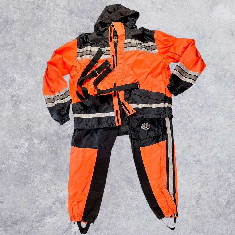 Harley-Davidson Mens 2XL Rain Suit Jacket Pants Orange Black Reflective 2-Piece